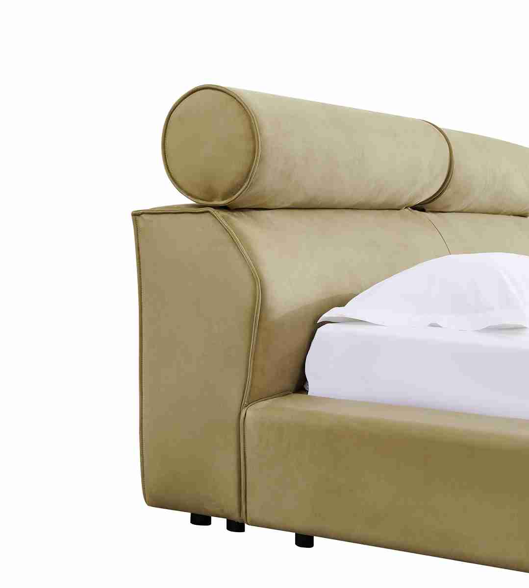 Lit avec tête de lit boudinée, alliant confort et design moderne. Idéal pour créer une ambiance chaleureuse et accueillante dans votre chambre.