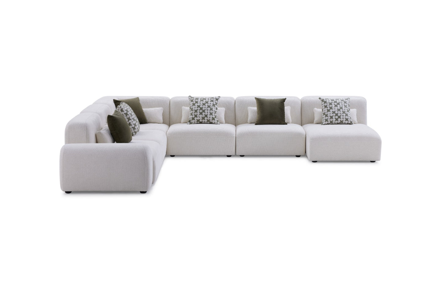 Canapé d’angle modulable moderne en tissu beige avec coussins décoratifs, design contemporain et assise confortable pour salon élégant.