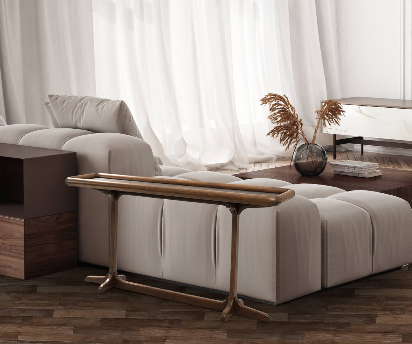 Table back sofa cuir et noyer