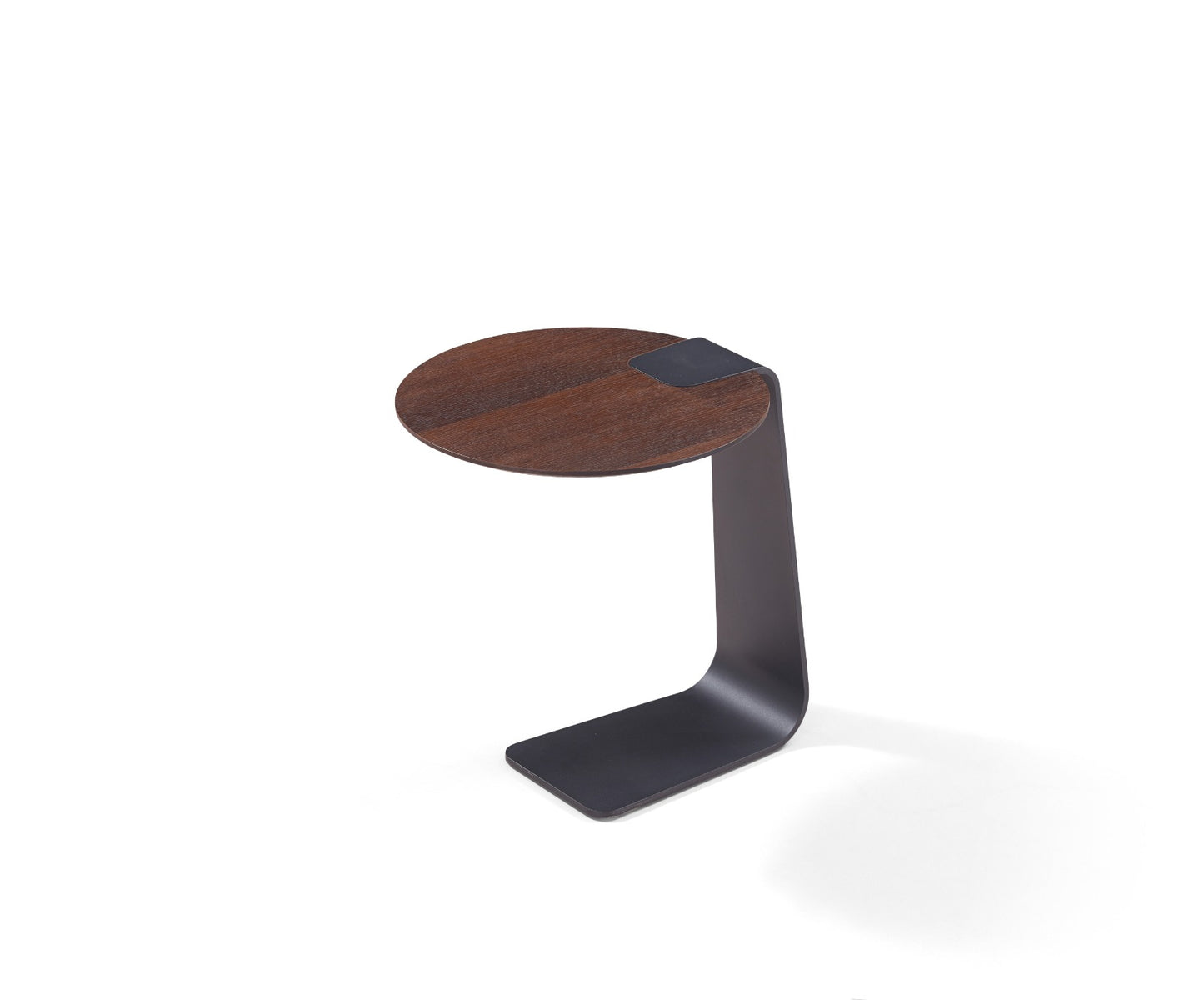 Table d’appoint ronde avec plateau en bois et piètement métallique noir au design moderne et minimaliste.