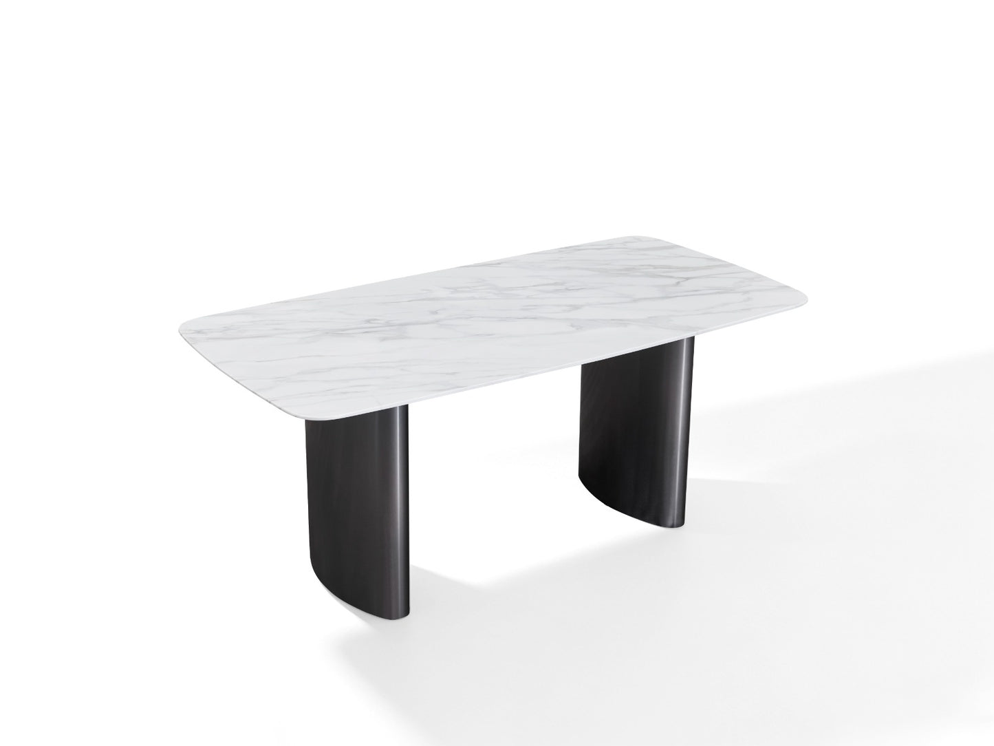 Table à manger moderne avec plateau arrondi et piètement design, idéale pour une salle à manger contemporaine.