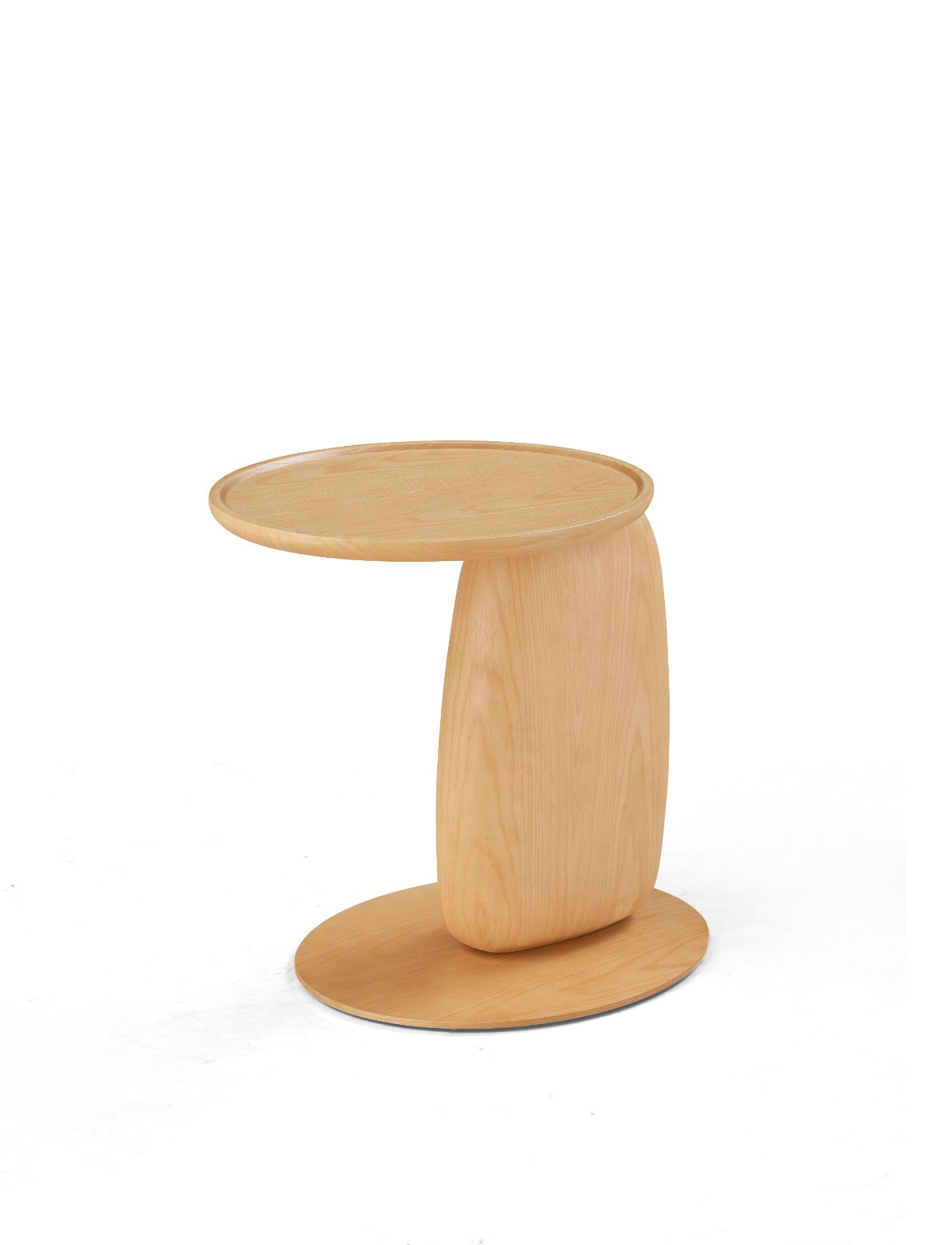 Table d’appoint ronde au design sculptural, avec plateau circulaire et piètement central arrondi, idéale pour un salon moderne.