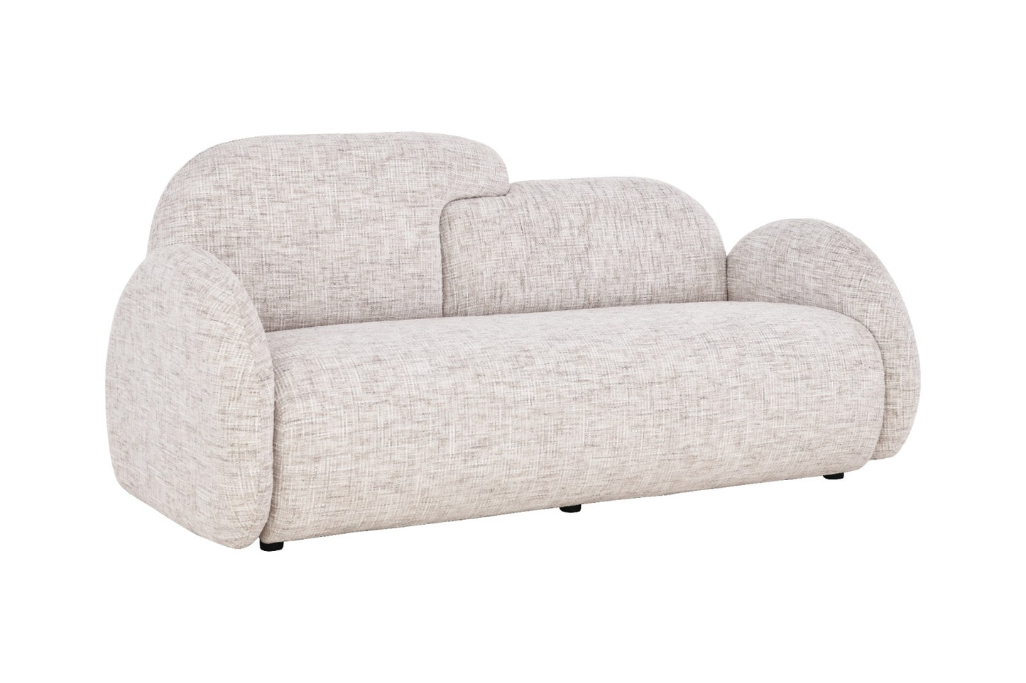 Canapé moderne aux formes arrondies, revêtu d’un tissu texturé, avec accoudoirs larges et assise profonde, installé dans un intérieur lumineux au style épuré.