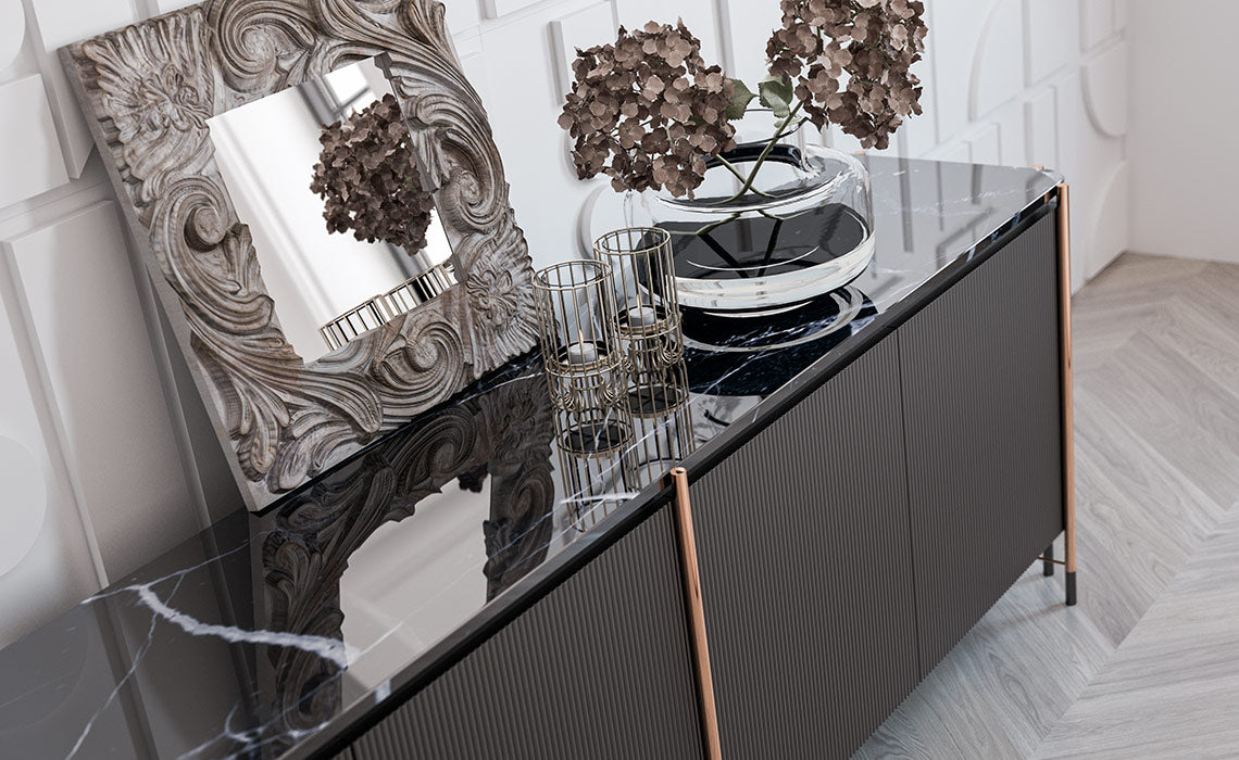 Buffet Dali marbre bois laqué acier inoxydable