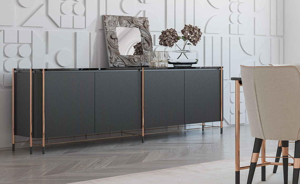 Buffet Dali marbre bois laqué acier inoxydable