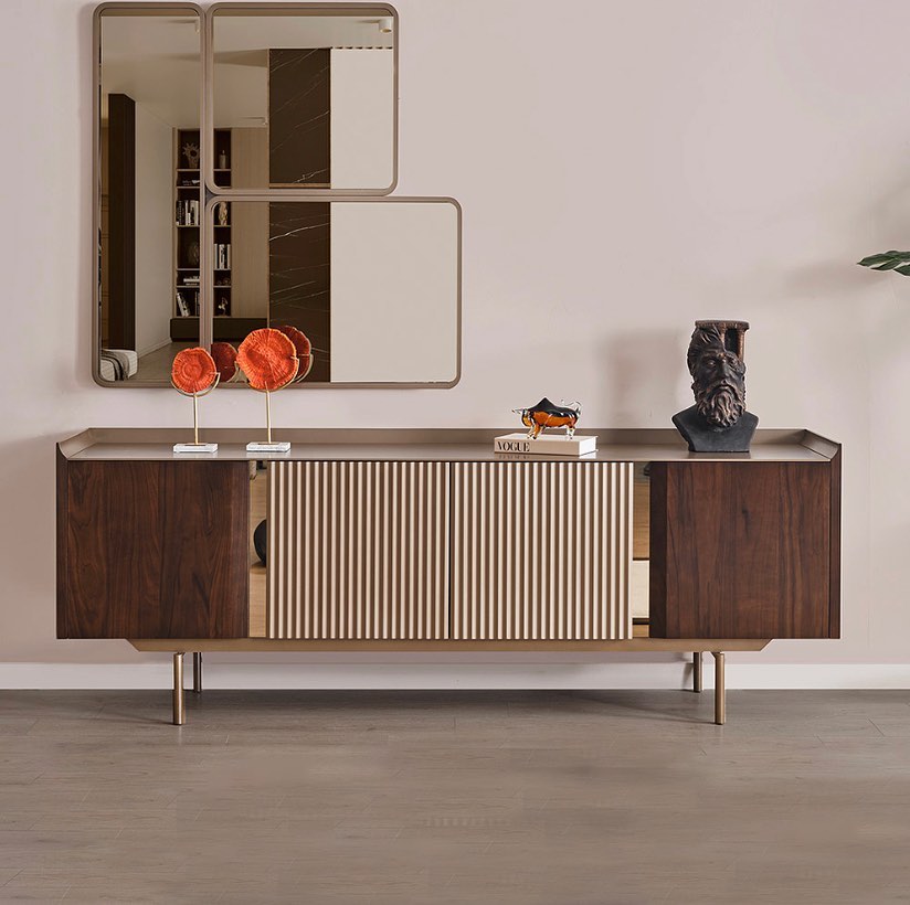 Buffet Mabel haut de gamme bois laqué et acier inoxydable