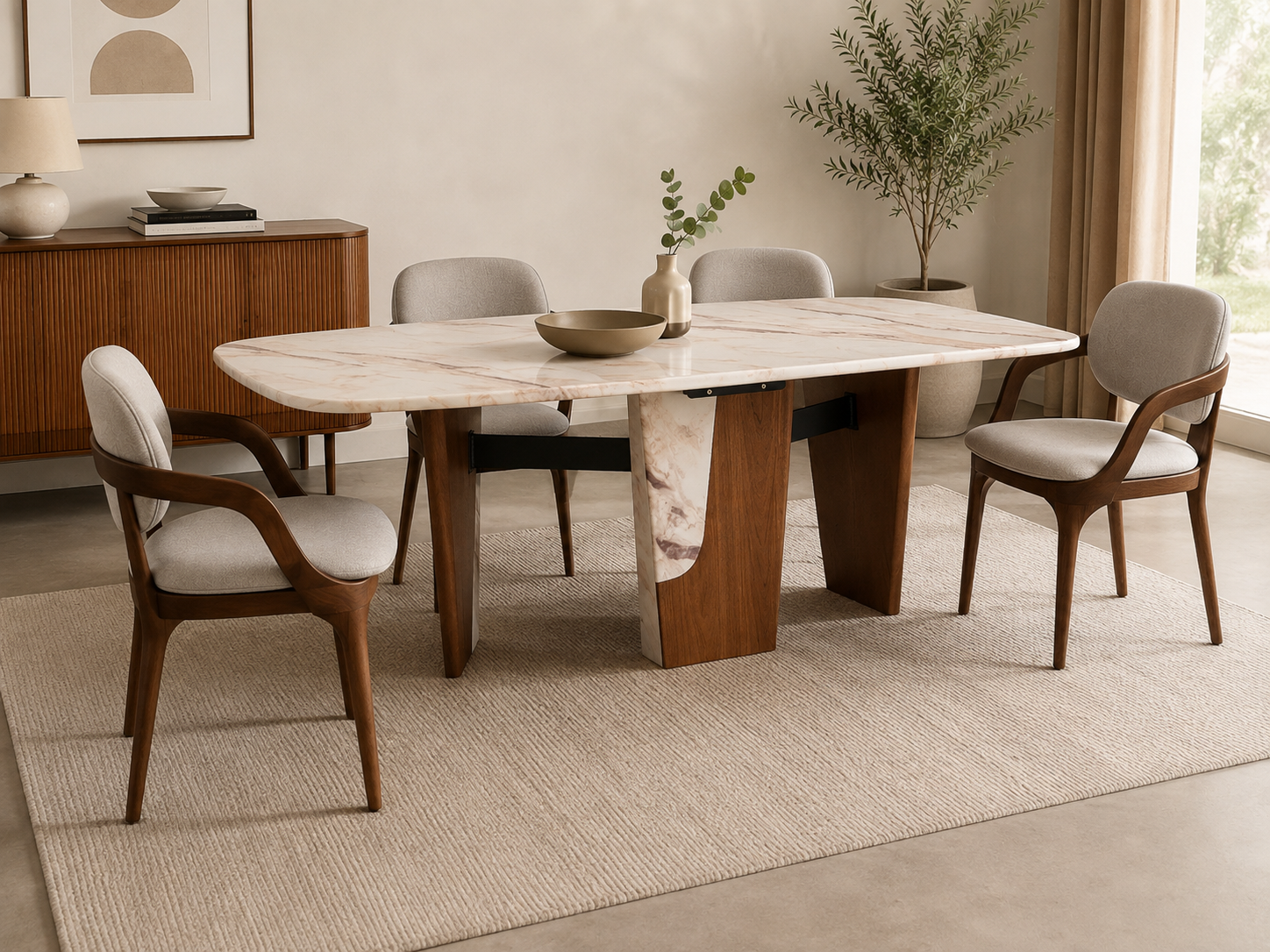 Table à manger moderne effet marbre avec structure en bois et chaises design