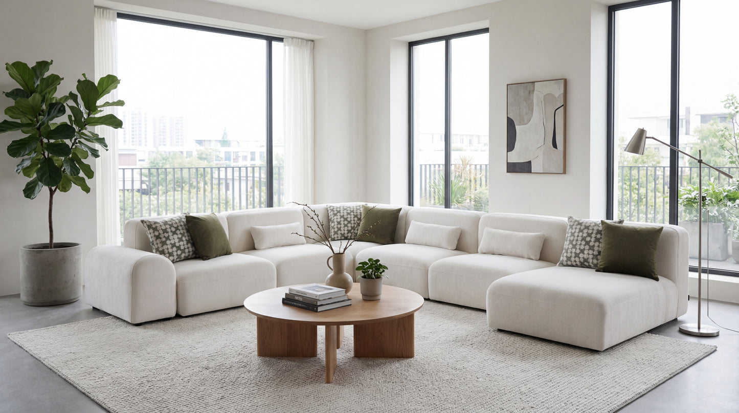 Canapé d’angle modulable moderne en tissu beige avec coussins décoratifs, design contemporain et assise confortable pour salon élégant.