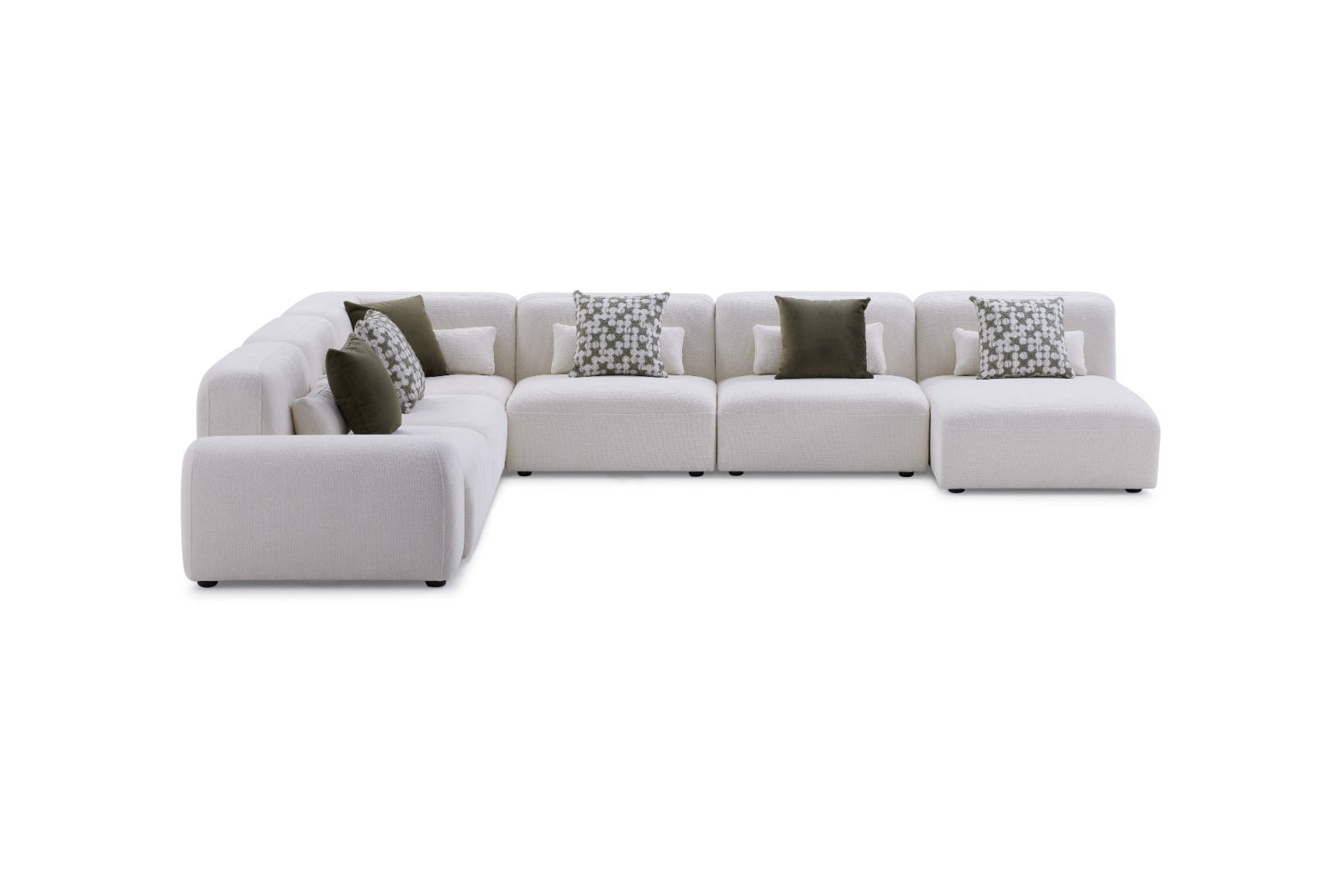 Canapé d’angle modulable moderne en tissu beige avec coussins décoratifs, design contemporain et assise confortable pour salon élégant.