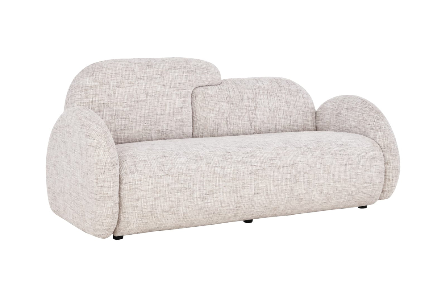 Canapé moderne aux formes arrondies, revêtu d’un tissu texturé, avec accoudoirs larges et assise profonde, installé dans un intérieur lumineux au style épuré.