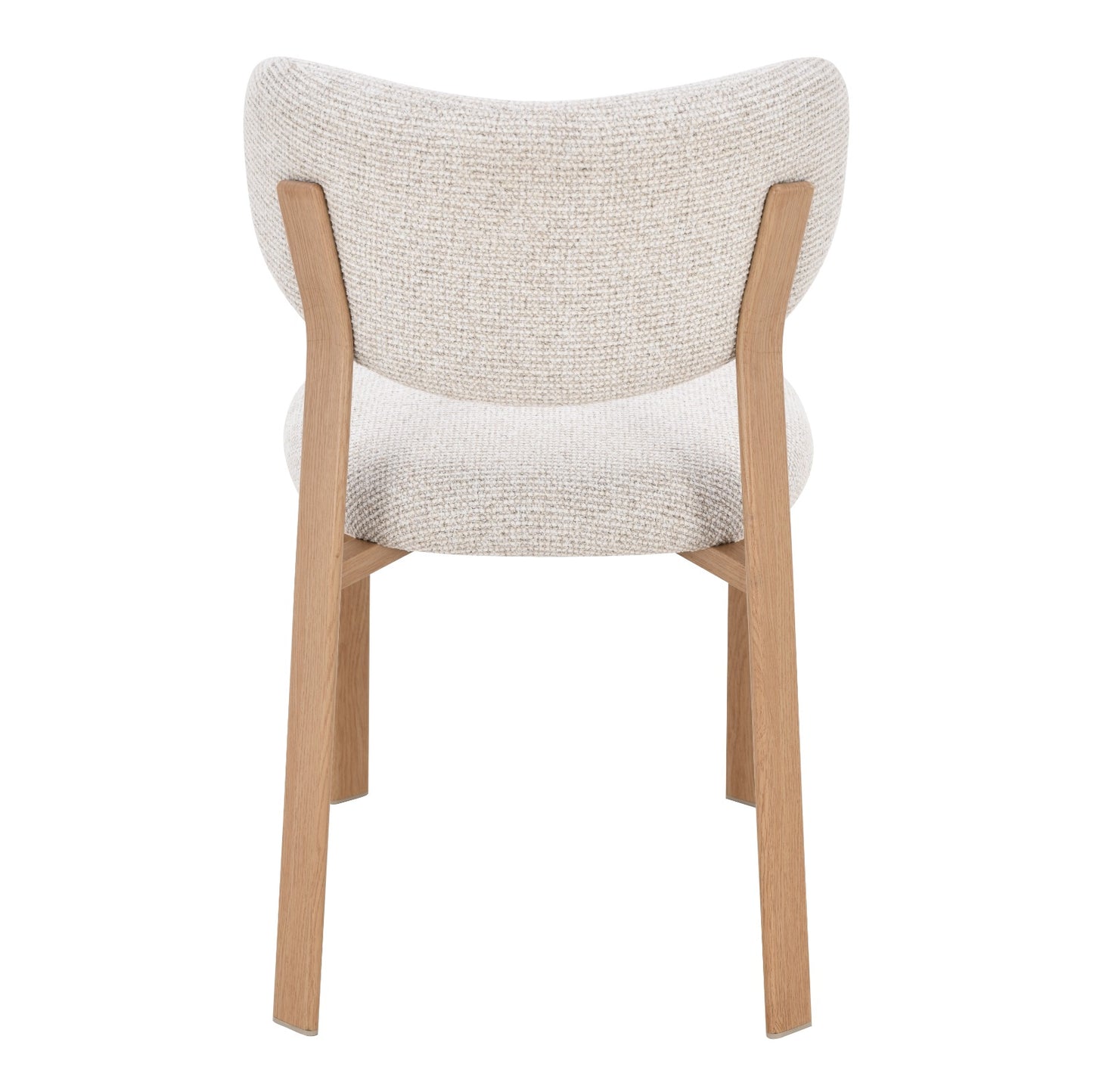 Chaise moderne au design minimaliste avec assise et dossier rembourrés en tissu beige clair, pieds en bois clair naturel, idéale pour salle à manger ou bureau contemporain.