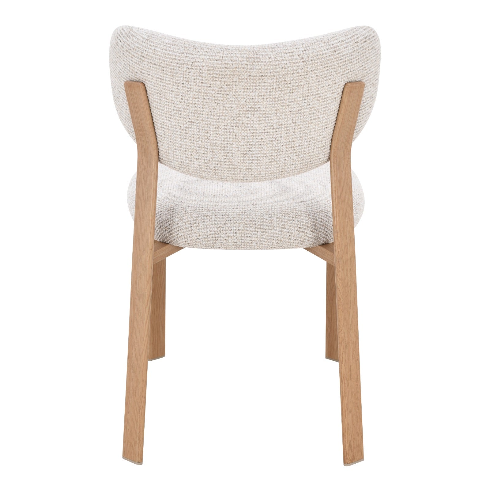 Chaise moderne au design minimaliste avec assise et dossier rembourrés en tissu beige clair, pieds en bois clair naturel, idéale pour salle à manger ou bureau contemporain.