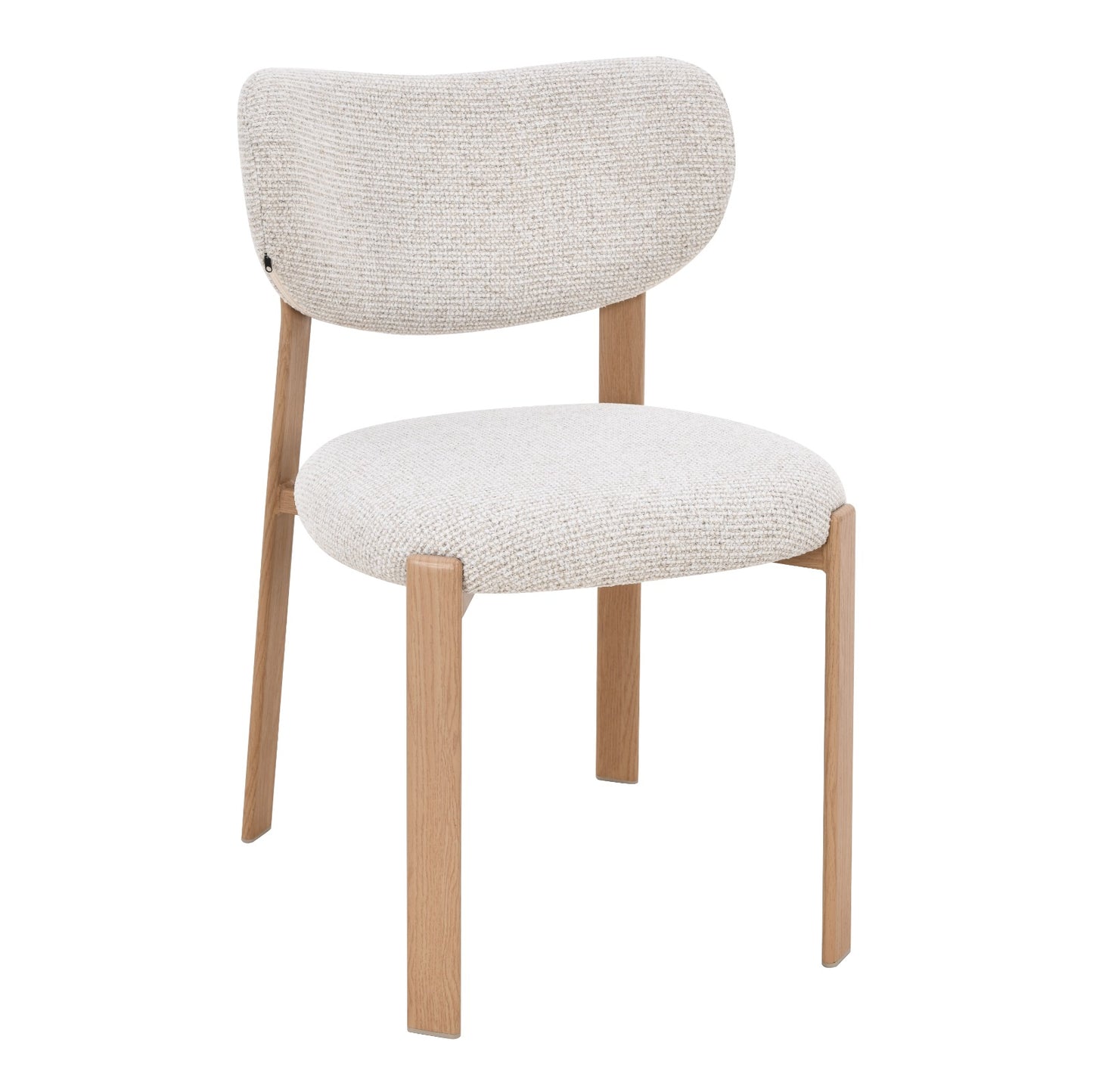 Chaise moderne au design minimaliste avec assise et dossier rembourrés en tissu beige clair, pieds en bois clair naturel, idéale pour salle à manger ou bureau contemporain.