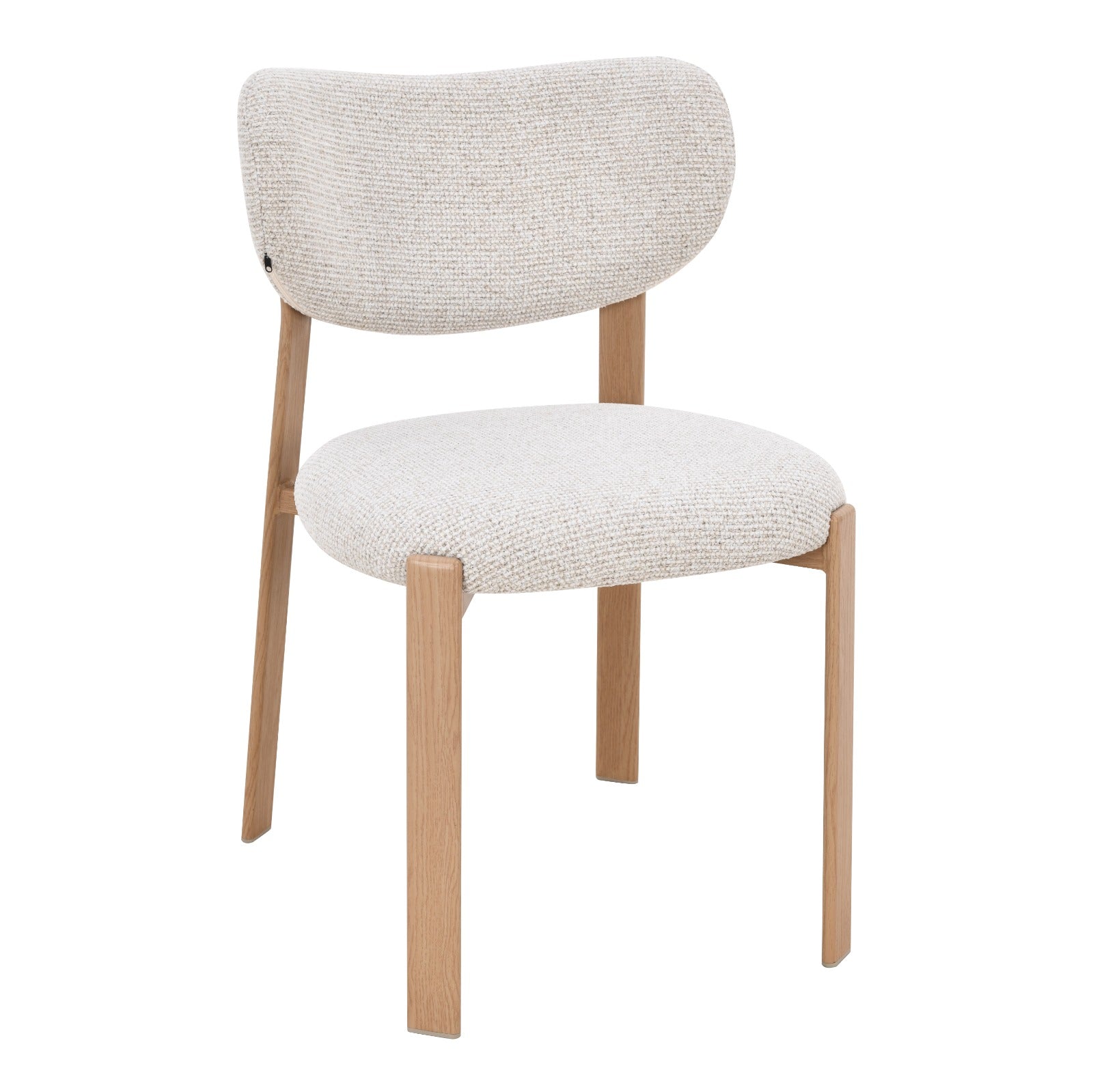 Chaise moderne au design minimaliste avec assise et dossier rembourrés en tissu beige clair, pieds en bois clair naturel, idéale pour salle à manger ou bureau contemporain.