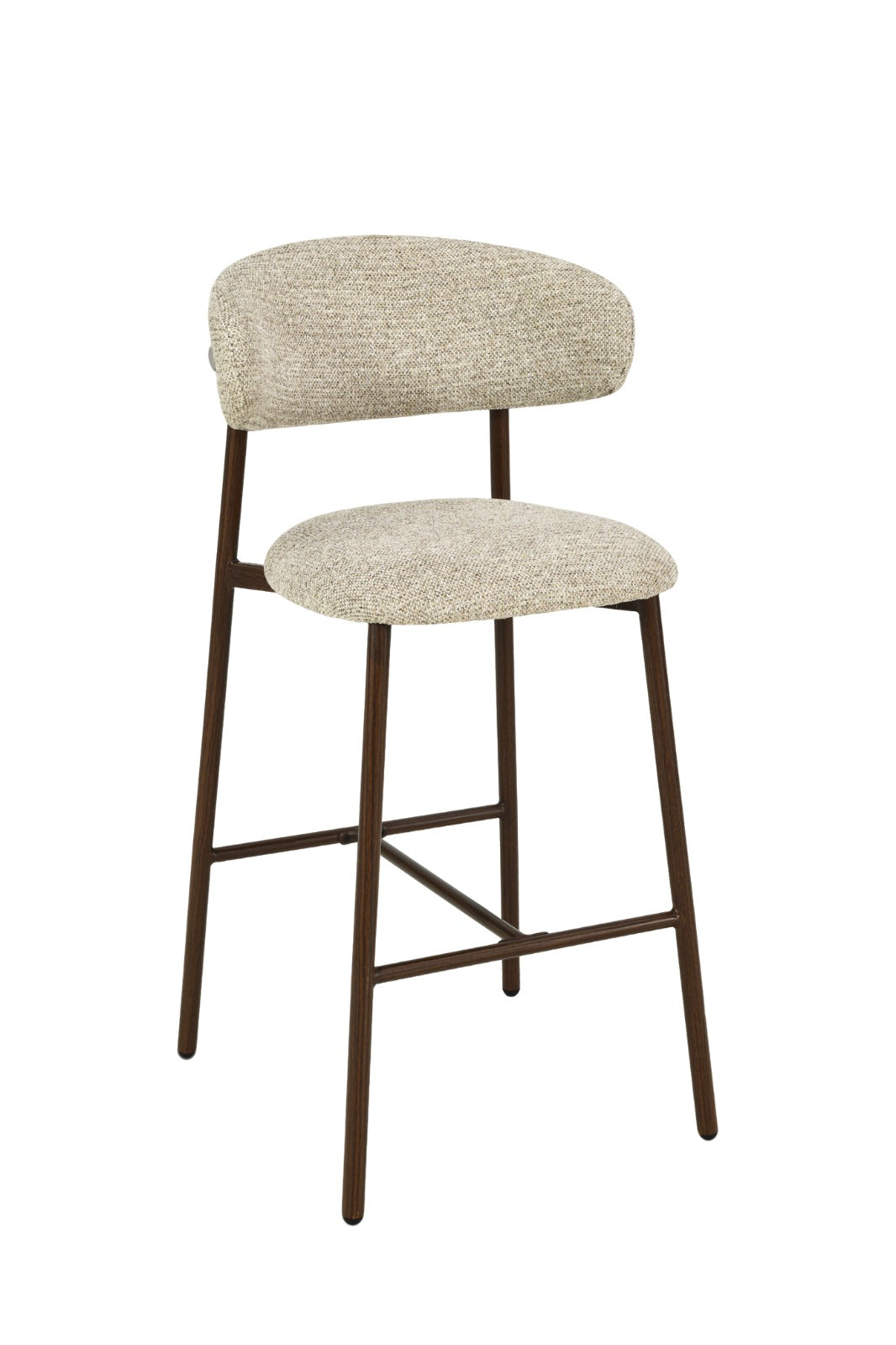 Chaise haute moderne avec assise et dossier rembourrés en tissu beige et pieds en bois foncé