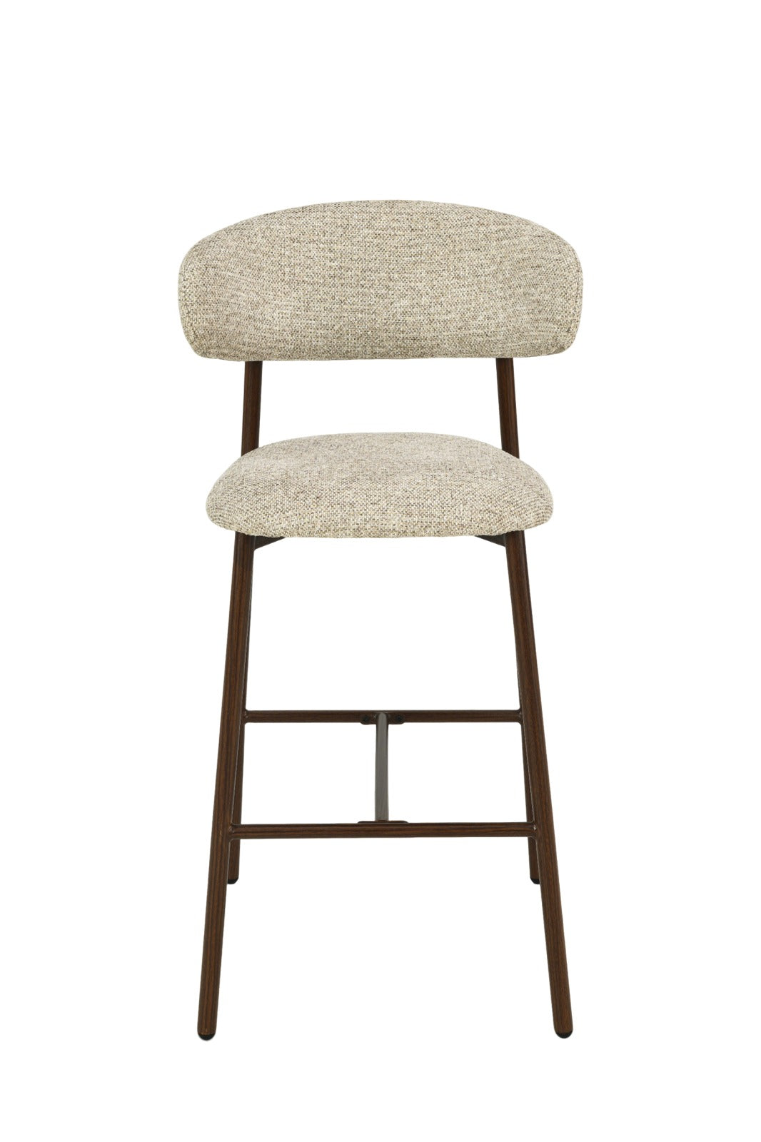 Chaise haute moderne avec assise et dossier rembourrés en tissu beige et pieds en bois foncé