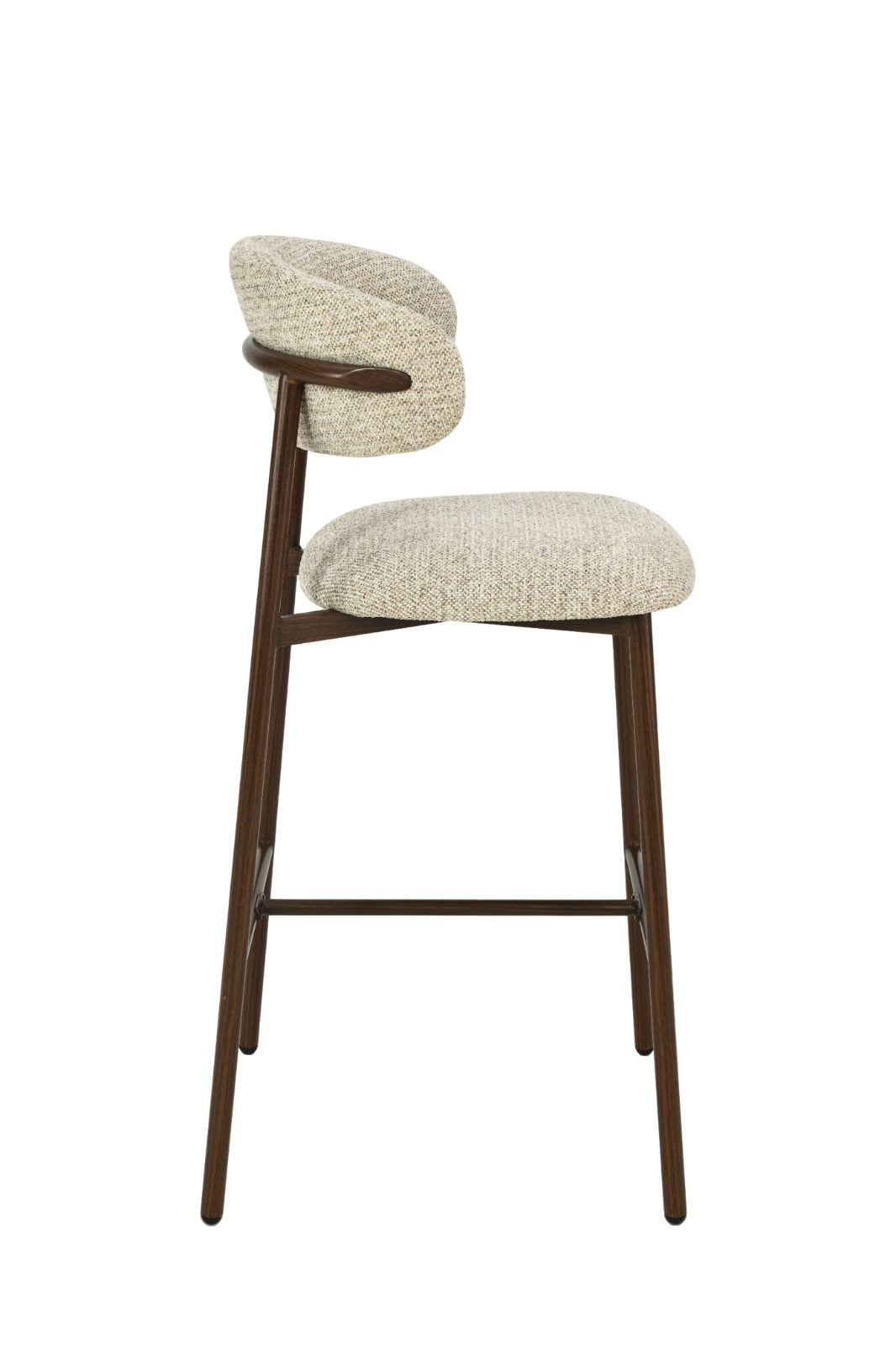 Chaise haute moderne avec assise et dossier rembourrés en tissu beige et pieds en bois foncé