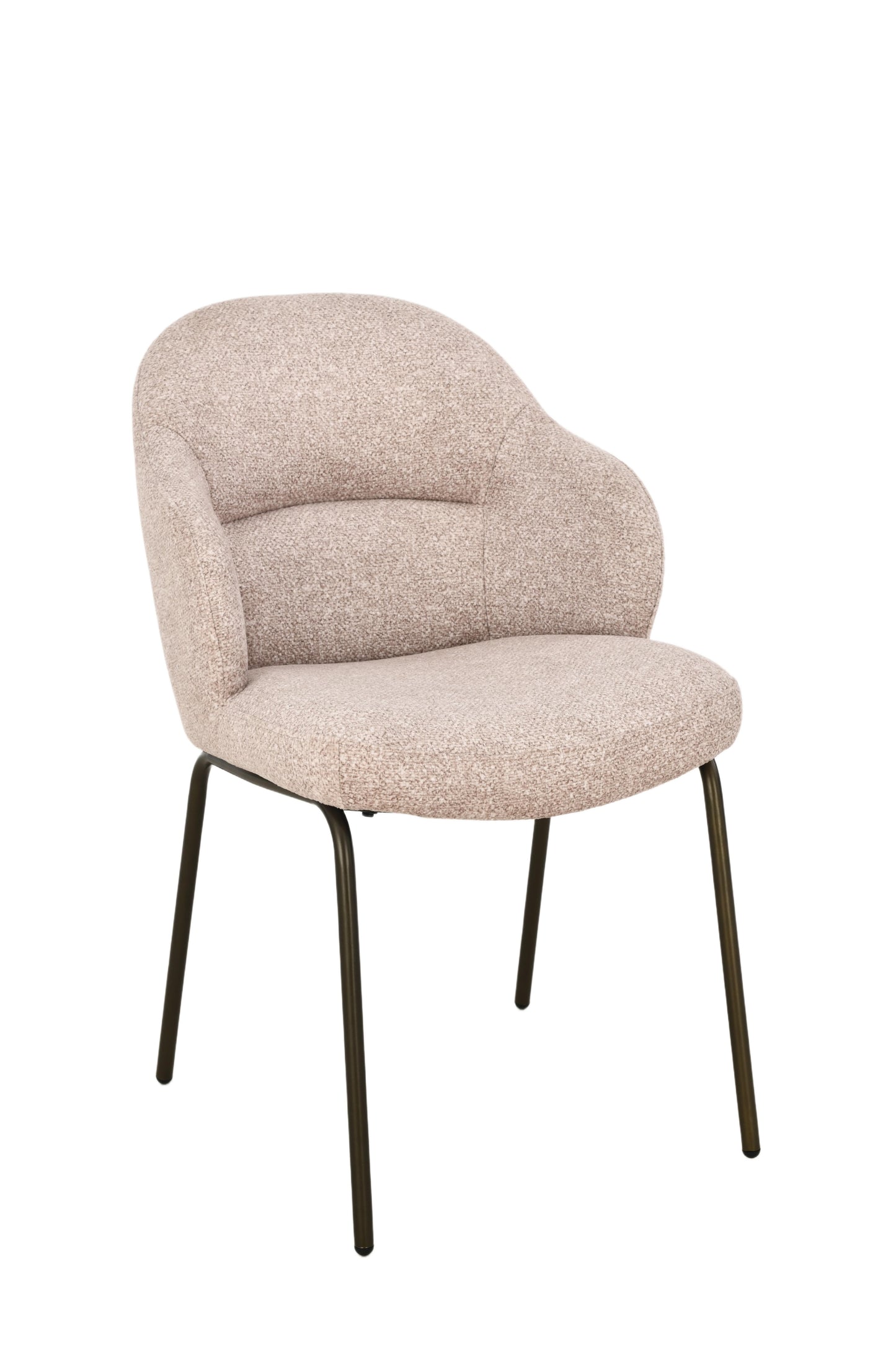 Chaise moderne avec assise et dossier rembourrés en tissu beige, pieds métalliques fins, design contemporain et confortable.