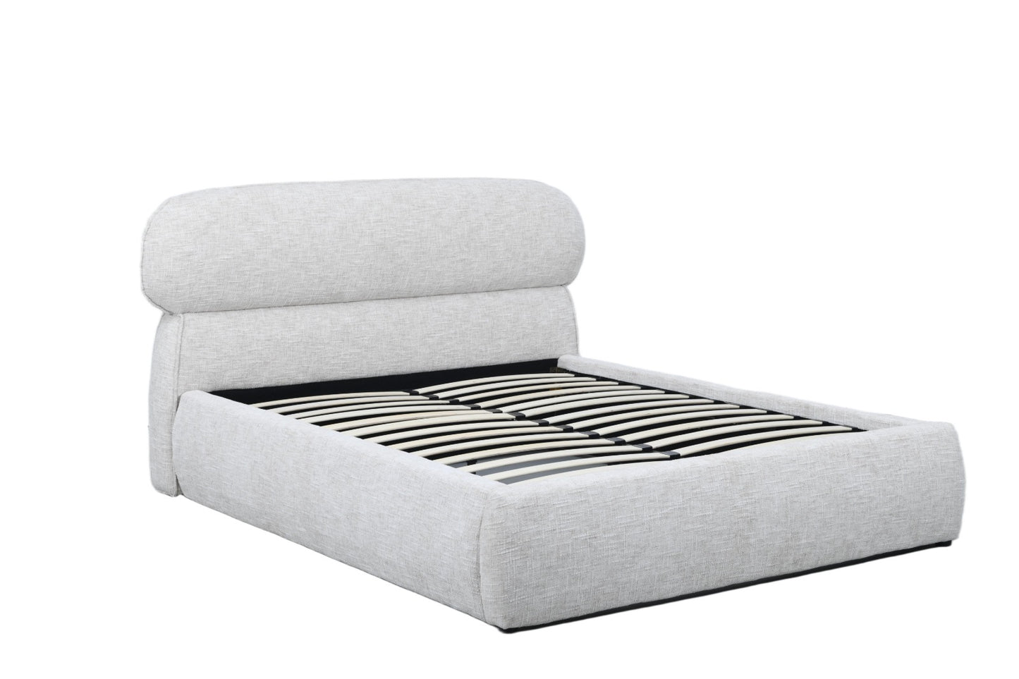 Lit coffre moderne avec tête de lit rembourrée et rangement intégré.