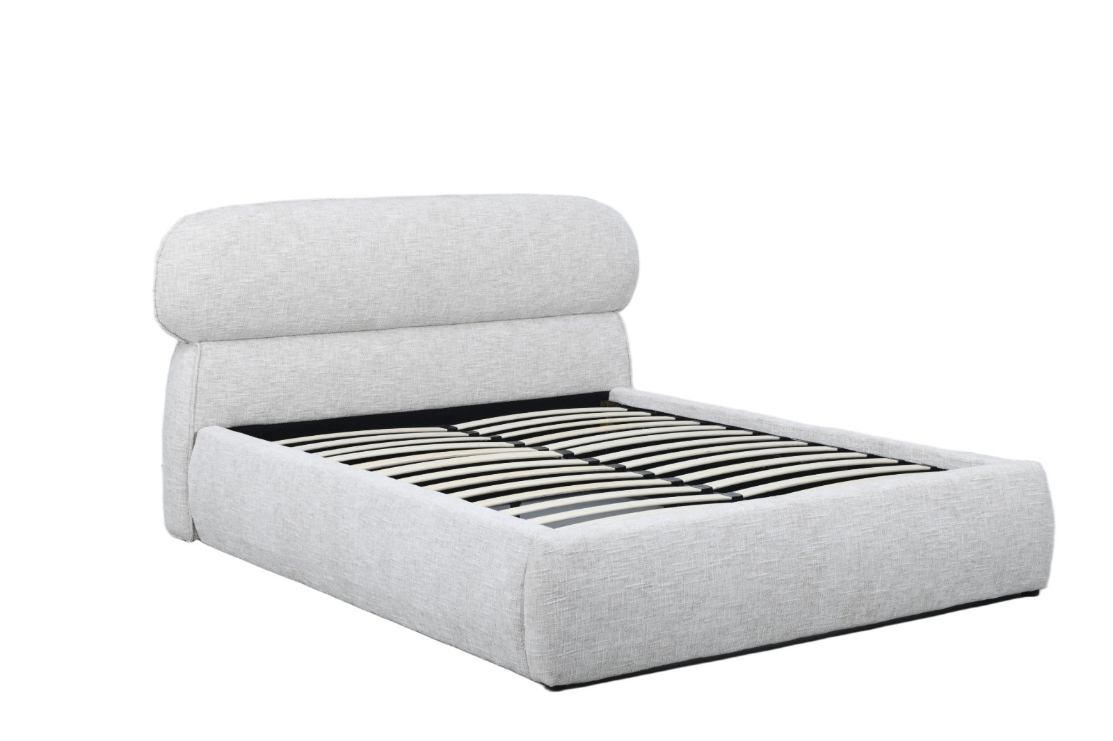 Lit coffre moderne avec tête de lit rembourrée et rangement intégré.