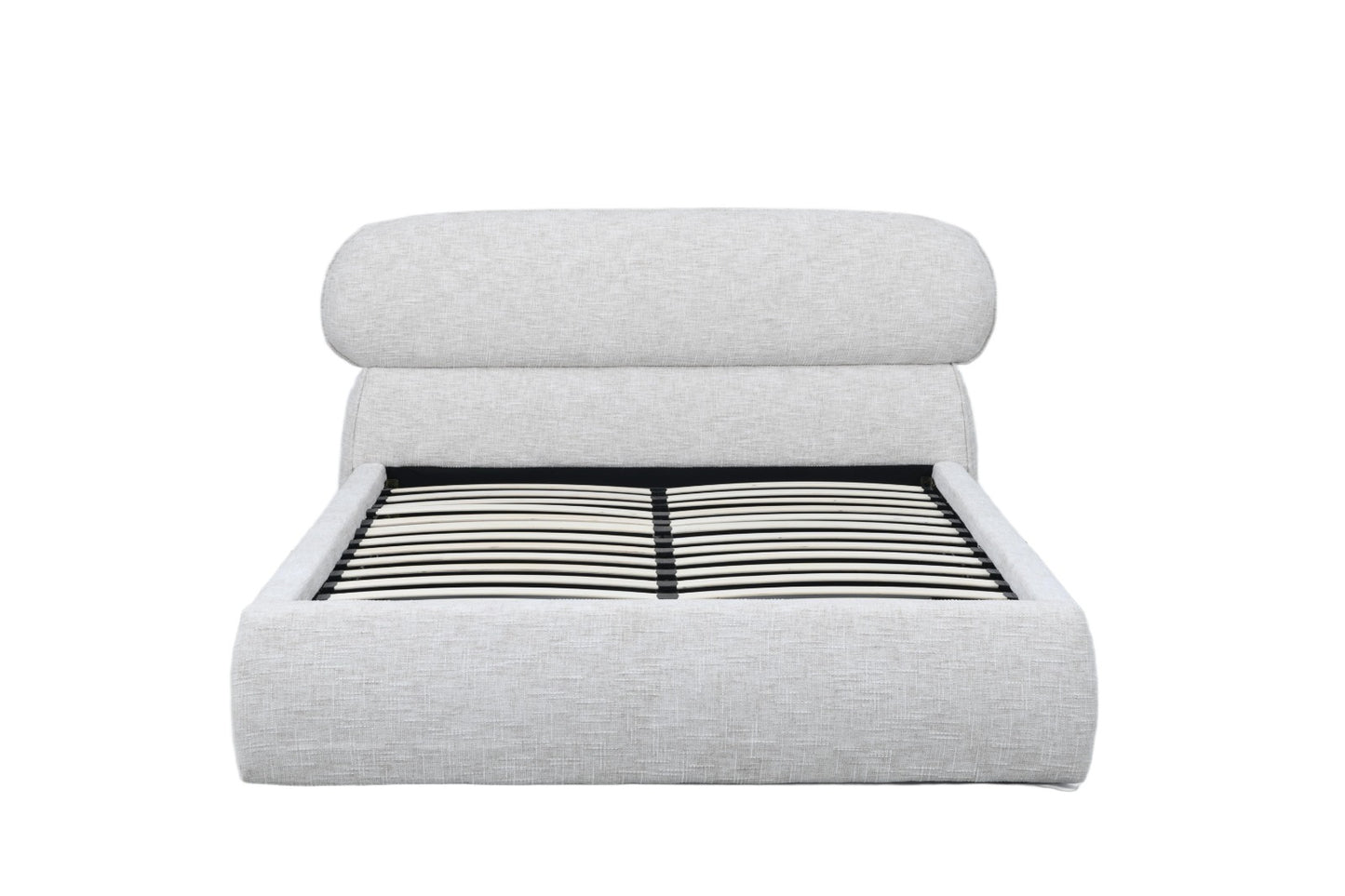 Lit coffre moderne avec tête de lit rembourrée et rangement intégré.