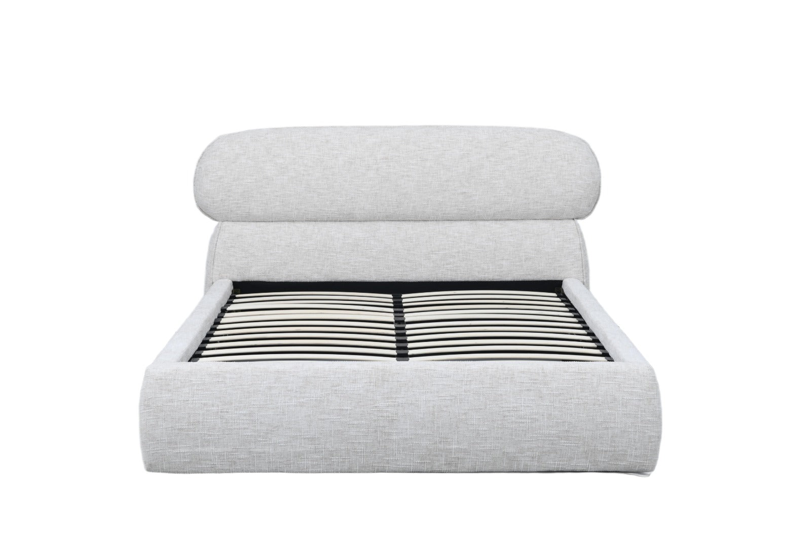 Lit coffre moderne avec tête de lit rembourrée et rangement intégré.