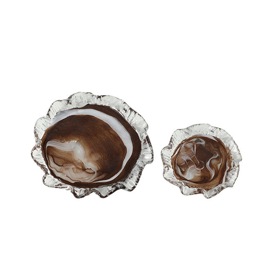 Duo de coupelles décoratives en verre avec effet marbré marron et blanc au design artistique moderne
