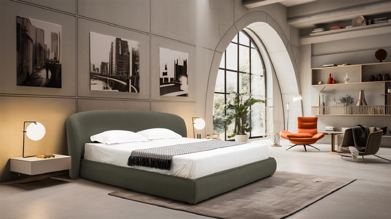 Lit avec tête de lit boudinée, alliant confort et design moderne. Idéal pour créer une ambiance chaleureuse et accueillante dans votre chambre. 