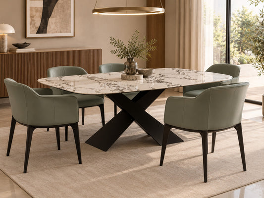 Table à manger rectangulaire en céramique et métal traité, offrant un design élégant et moderne pour une salle à manger raffinée et durable