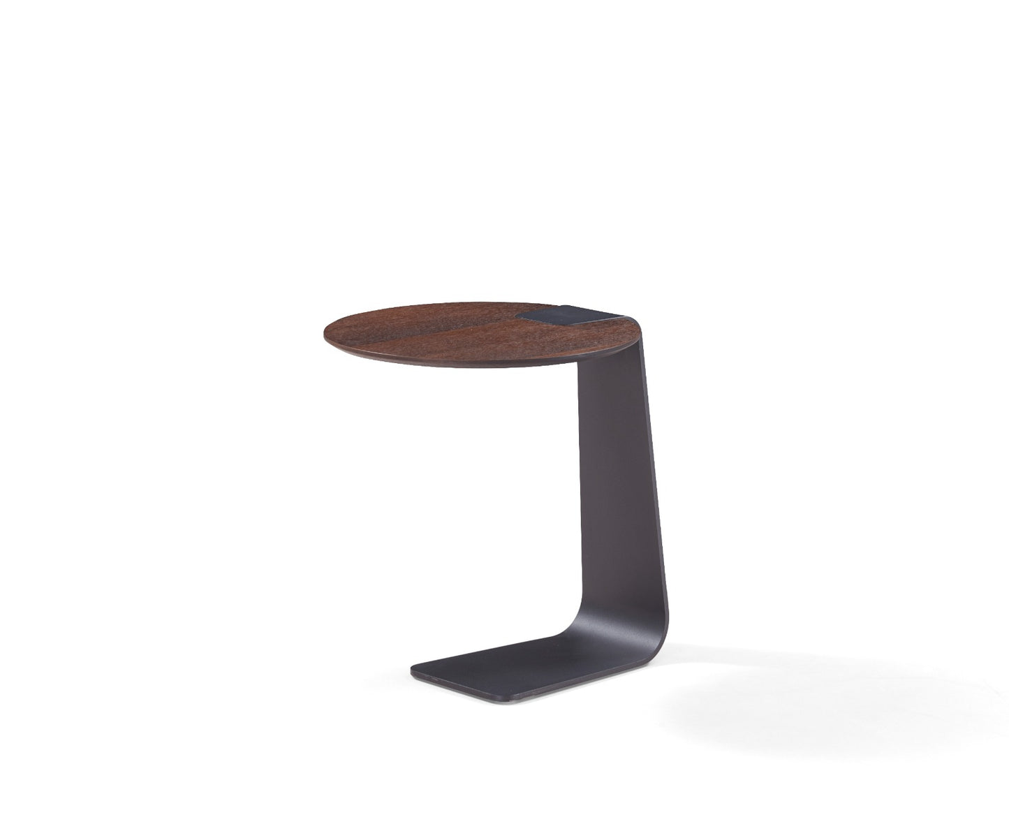 Table d’appoint ronde avec plateau en bois et piètement métallique noir au design moderne et minimaliste.