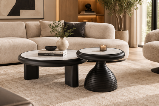 Deux tables basses rondes en bois de tailles différentes, au design chaleureux et aux finitions lisses, idéales pour un salon contemporain.