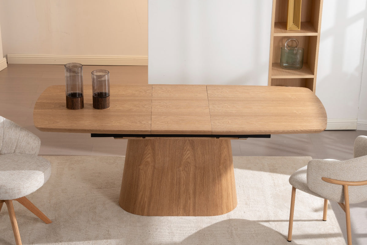 Table à manger moderne en bois avec rallonge intégrée et pied central design