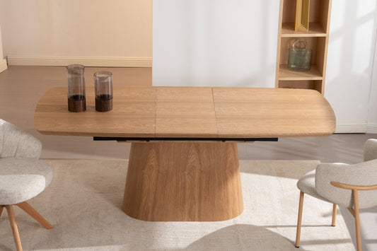 Table à manger moderne en bois avec rallonge intégrée et pied central design