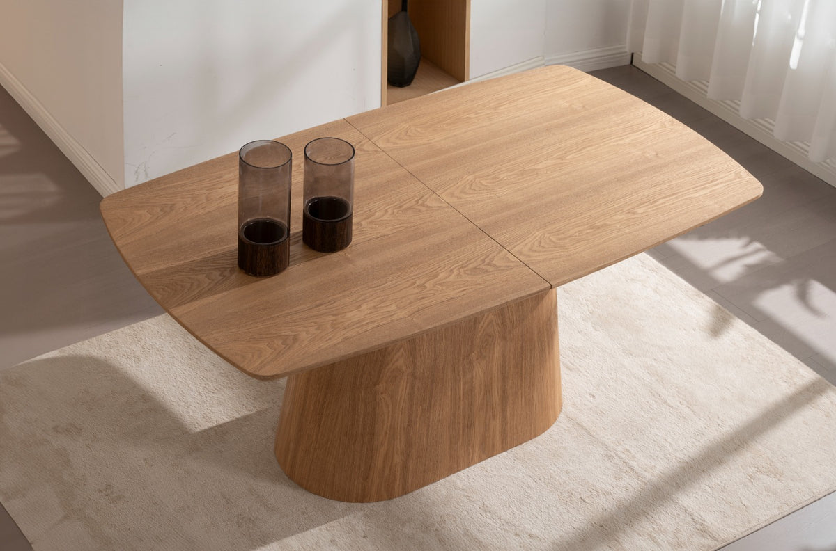 Table à manger moderne en bois avec rallonge intégrée et pied central design