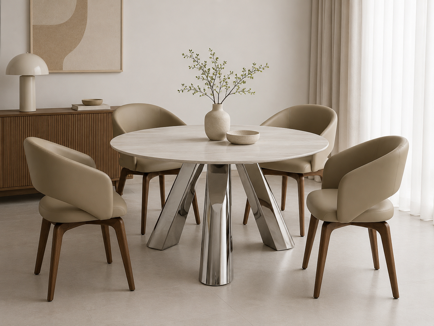Table à manger ronde au design contemporain avec piètement sculptural