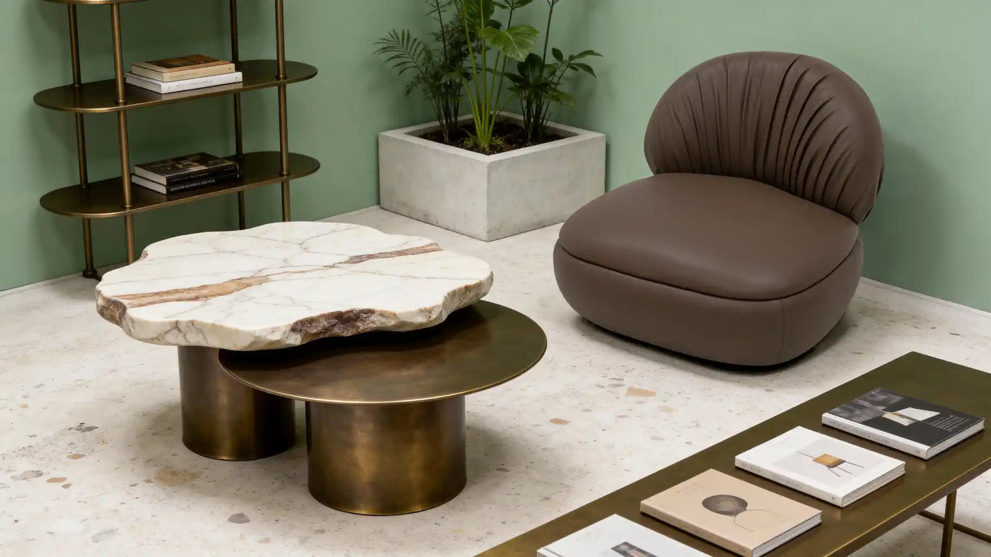 Fauteuil bergère au design arrondi en cuir , avec un dossier plissé.