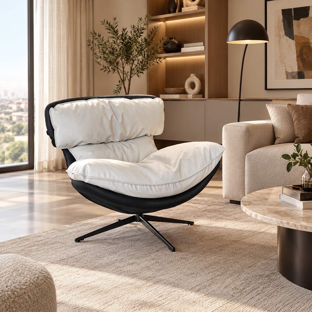 Bergère contemporaine pivotante avec assise et dossier moelleux, idéale pour un salon moderne.