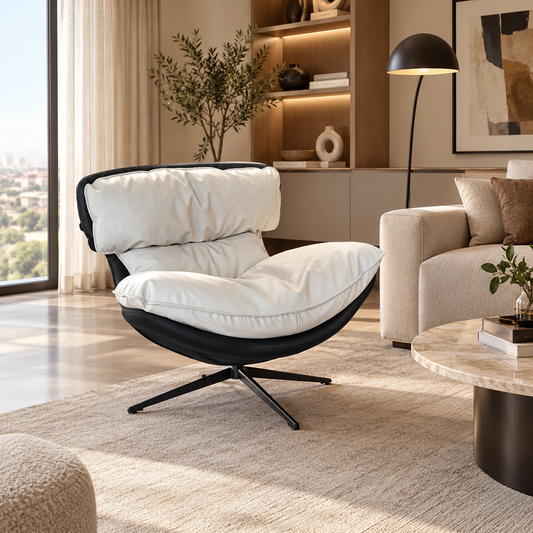 Bergère contemporaine pivotante avec assise et dossier moelleux, idéale pour un salon moderne.