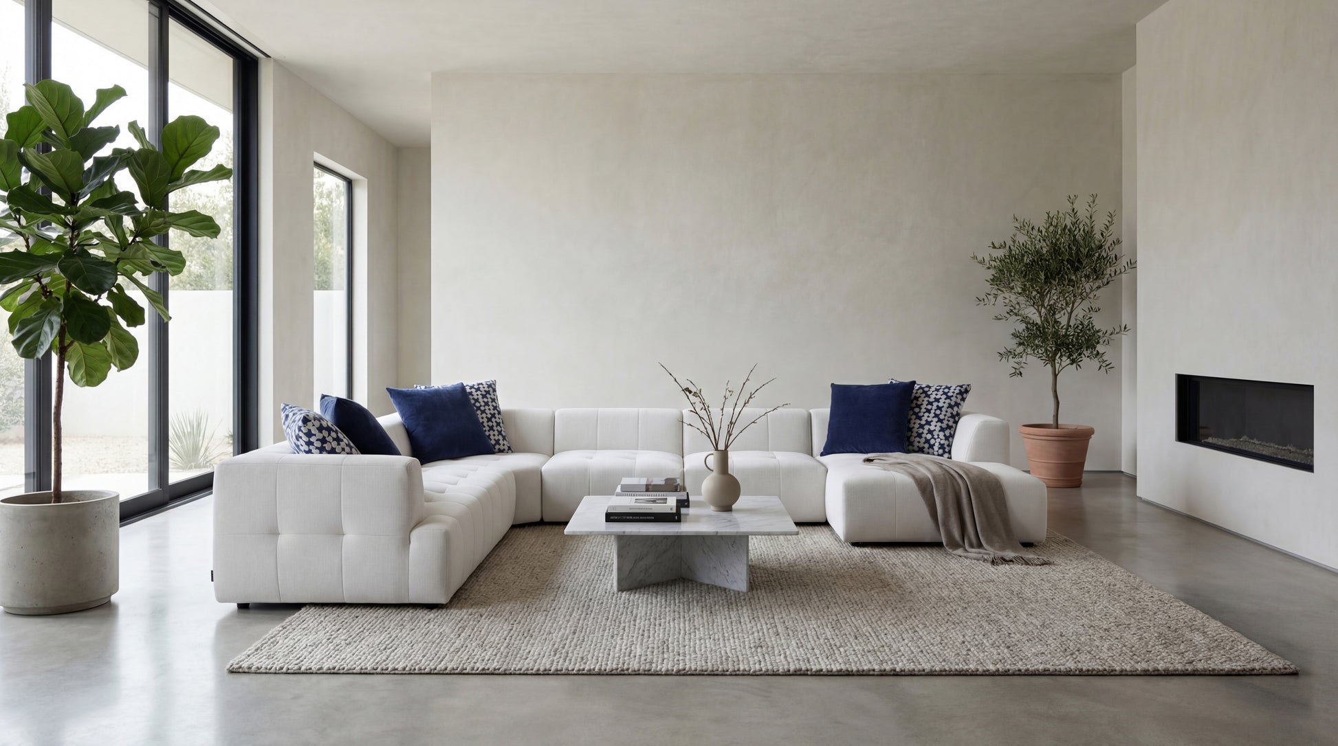 Canapé panoramique moderne blanc avec coussins bleus décoratifs pour salon contemporain.