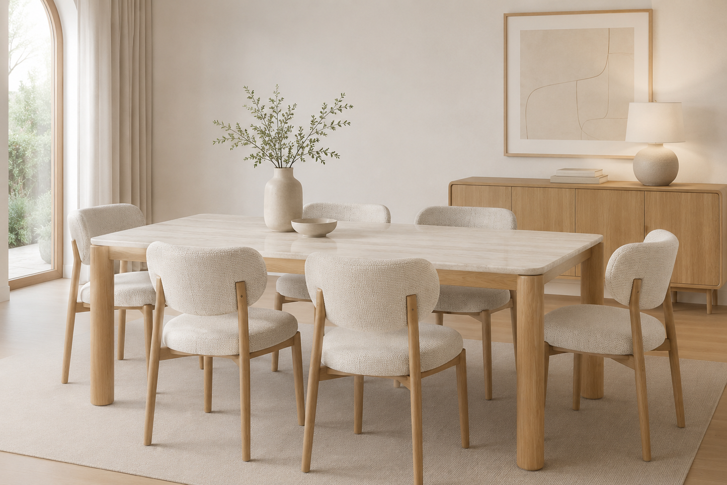 Table à manger moderne avec plateau arrondi et chaises rembourrées au design contemporain