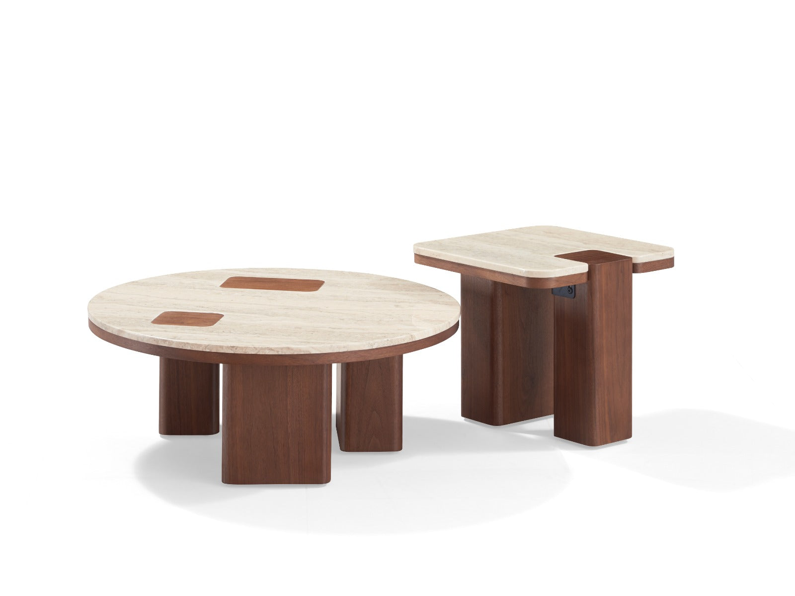 Ensemble de tables basses modernes avec plateaux effet marbre clair et pieds en bois foncé, au design élégant et contemporain.