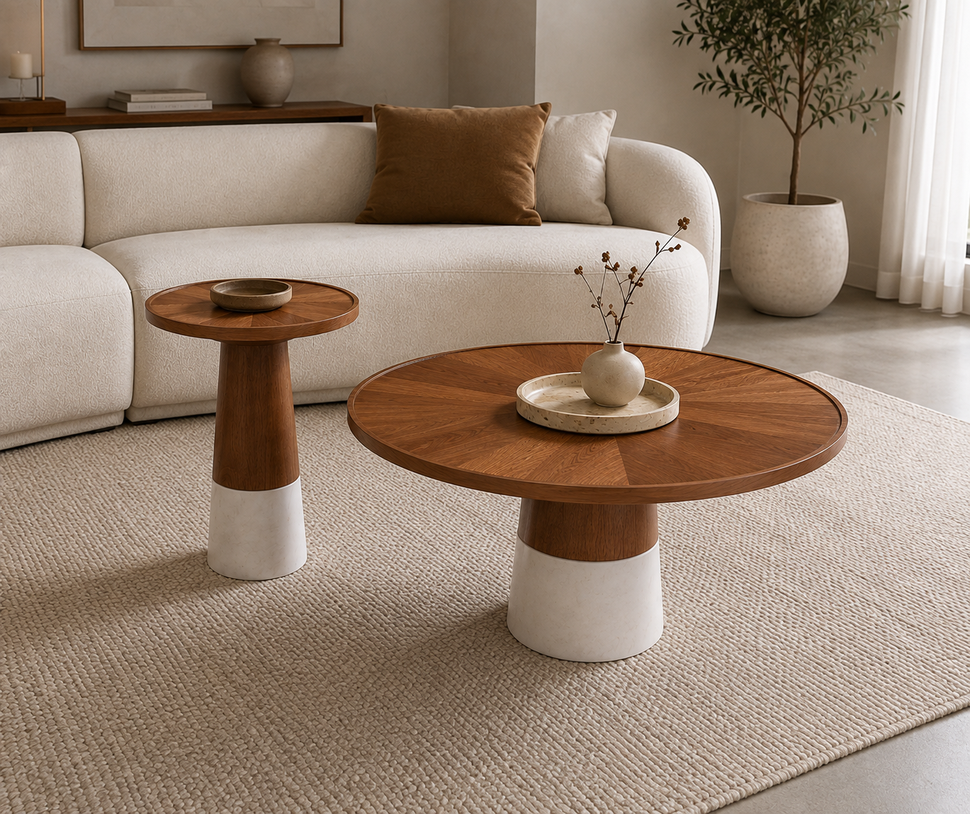 Table basse ronde en bois et marbre avec plateau à motif géométrique, installée dans un salon moderne