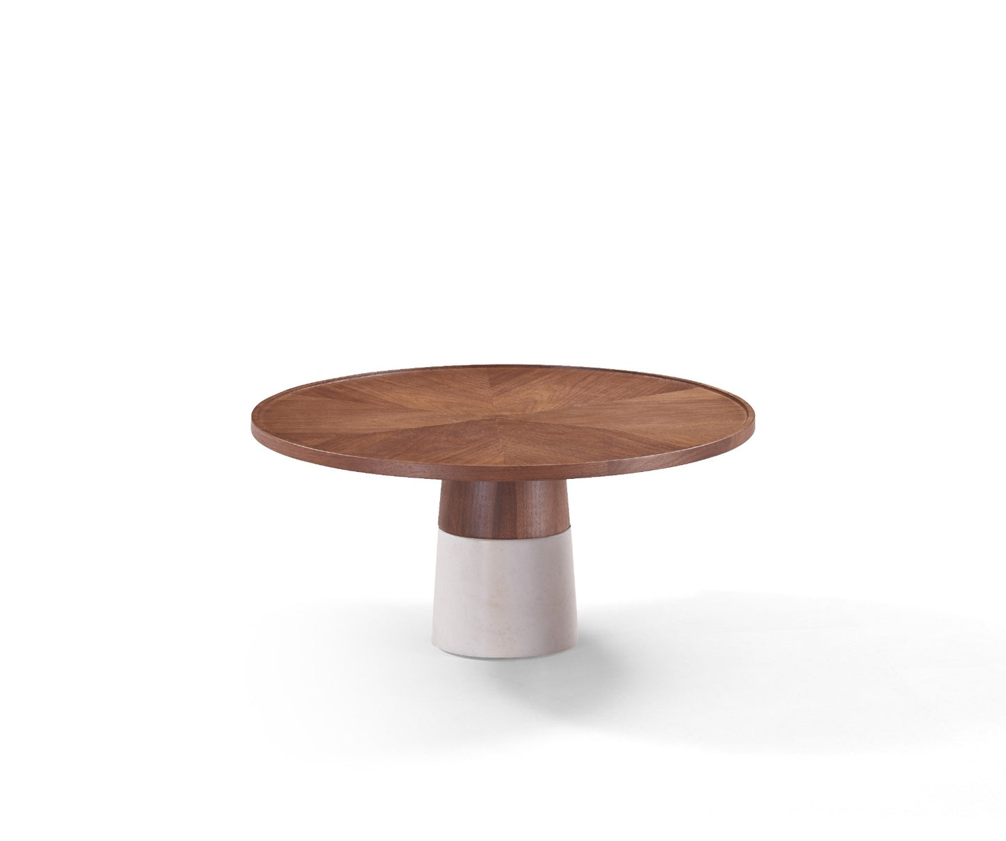 Table basse ronde en bois et marbre avec plateau à motif géométrique, installée dans un salon moderne