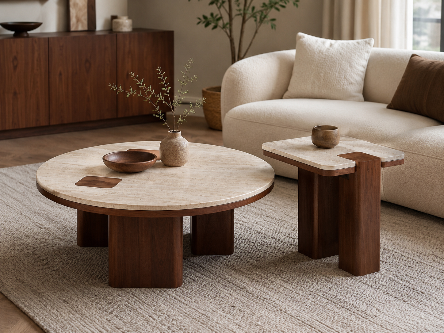 Ensemble de tables basses modernes avec plateaux effet marbre clair et pieds en bois foncé, au design élégant et contemporain.