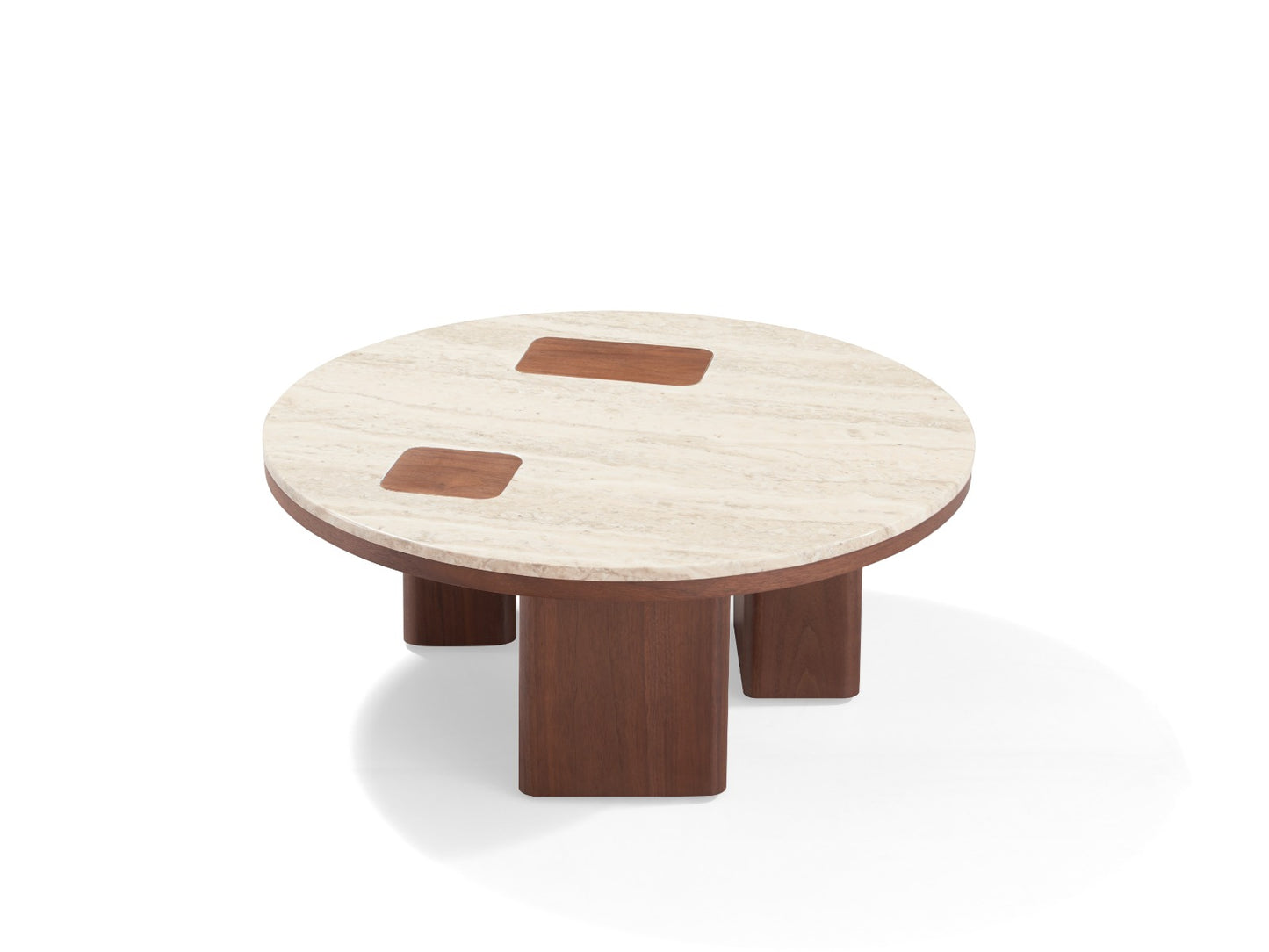 Ensemble de tables basses modernes avec plateaux effet marbre clair et pieds en bois foncé, au design élégant et contemporain.