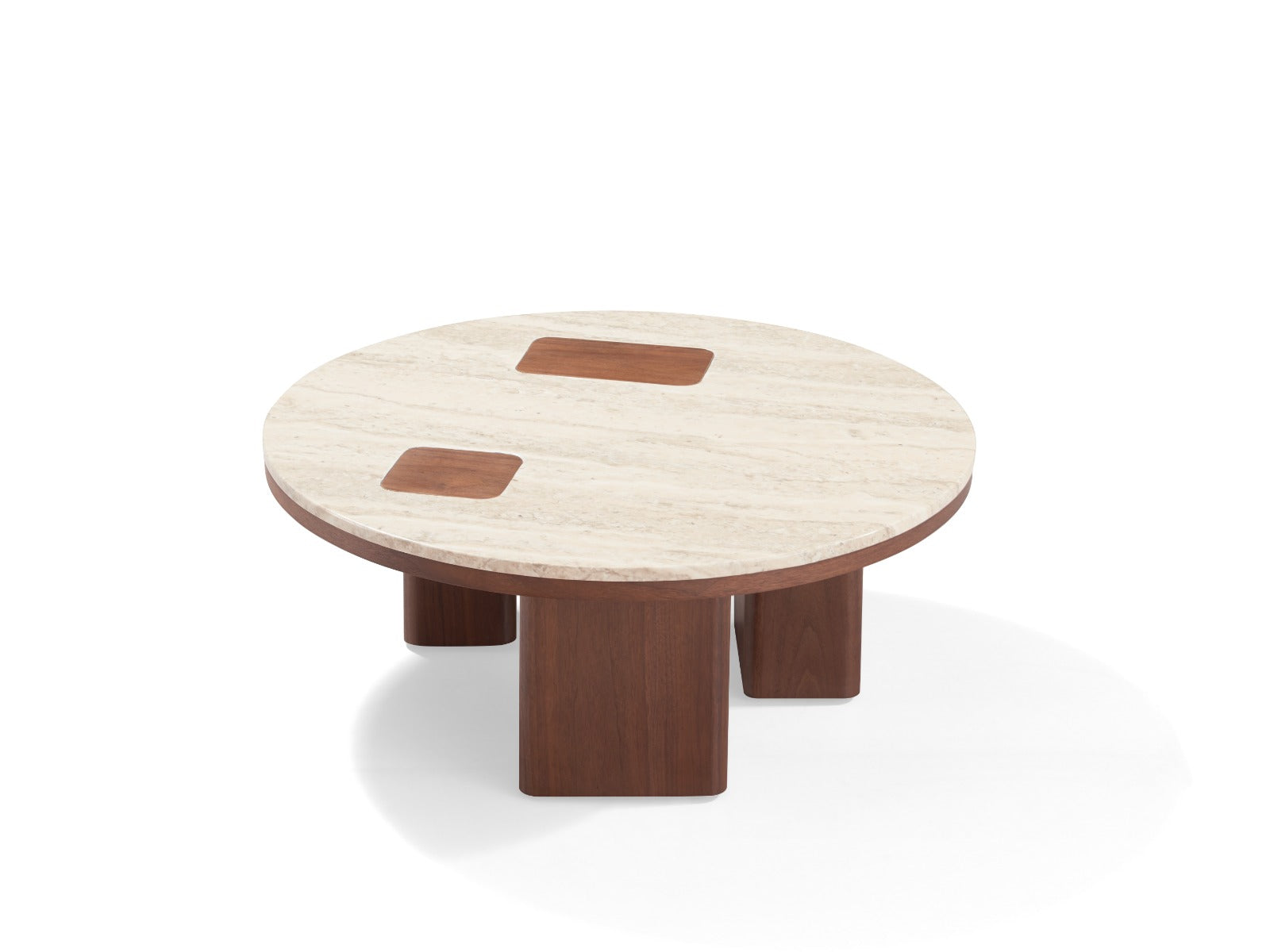 Ensemble de tables basses modernes avec plateaux effet marbre clair et pieds en bois foncé, au design élégant et contemporain.