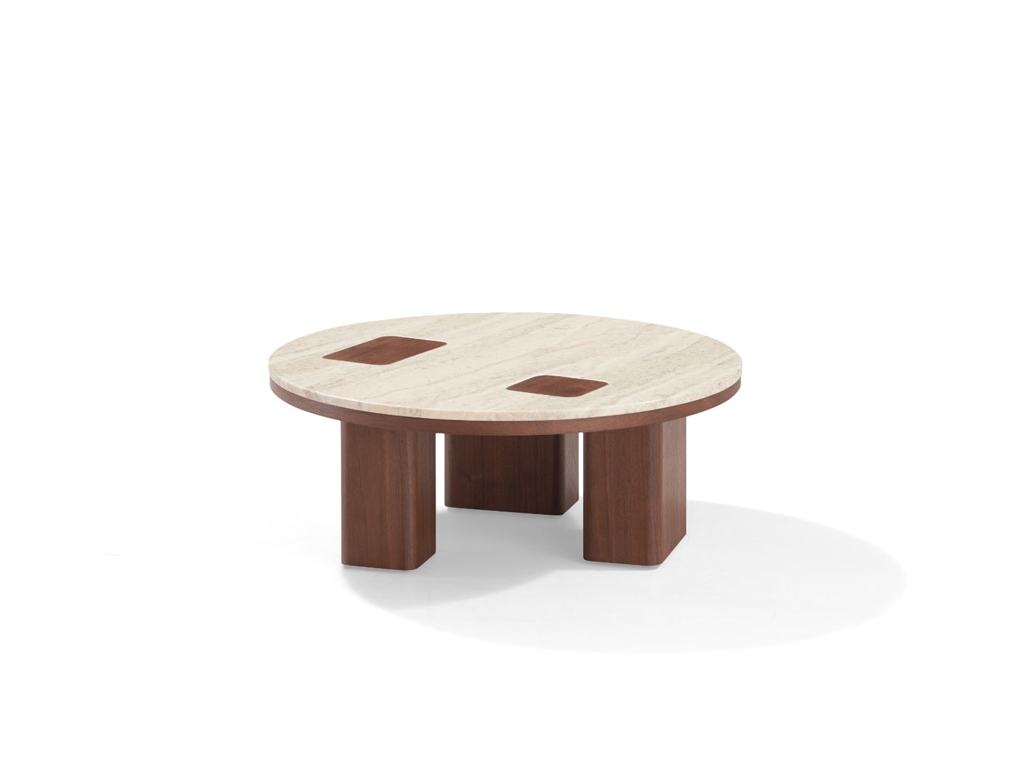 Ensemble de tables basses modernes avec plateaux effet marbre clair et pieds en bois foncé, au design élégant et contemporain.