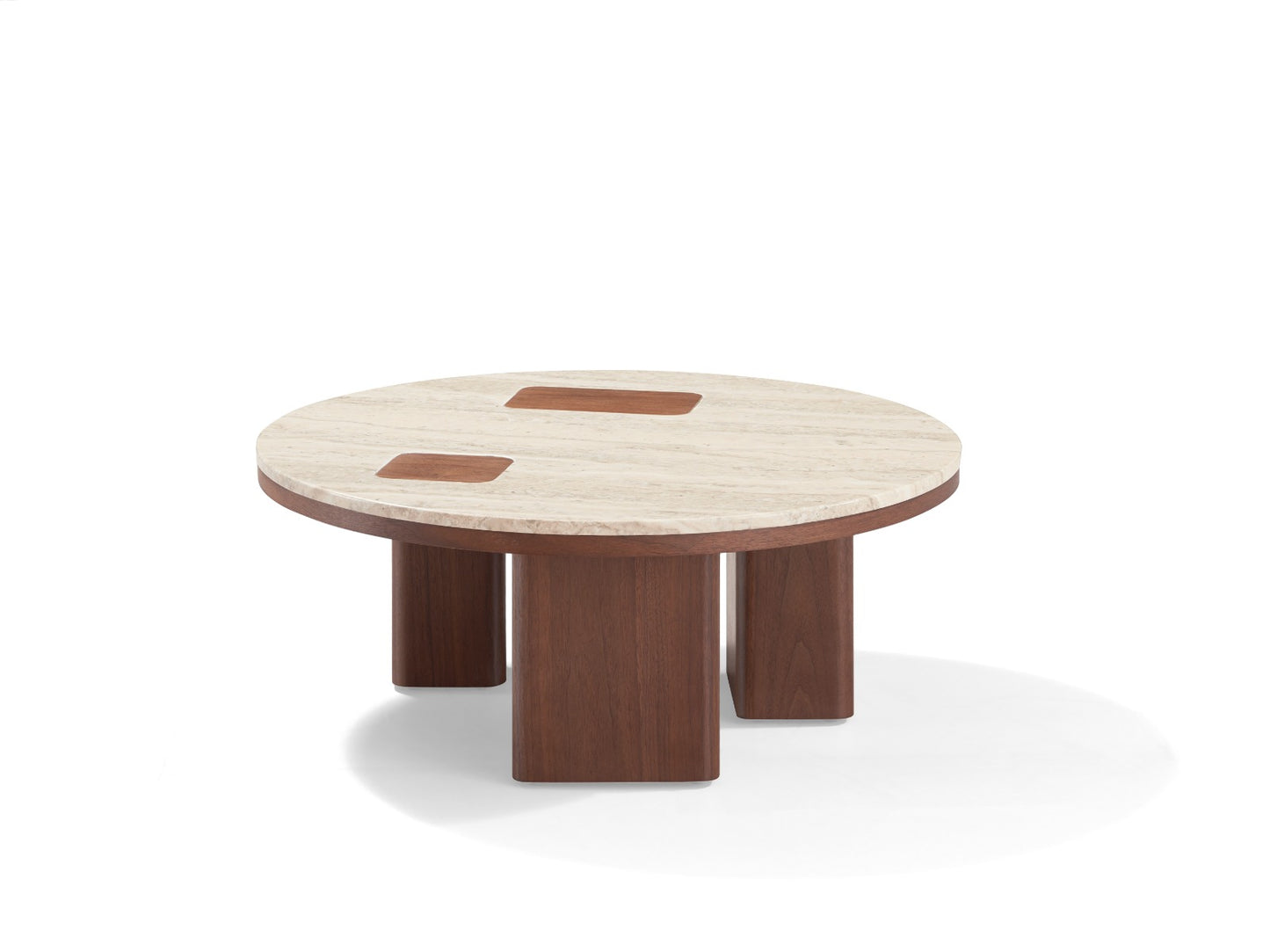 Ensemble de tables basses modernes avec plateaux effet marbre clair et pieds en bois foncé, au design élégant et contemporain.