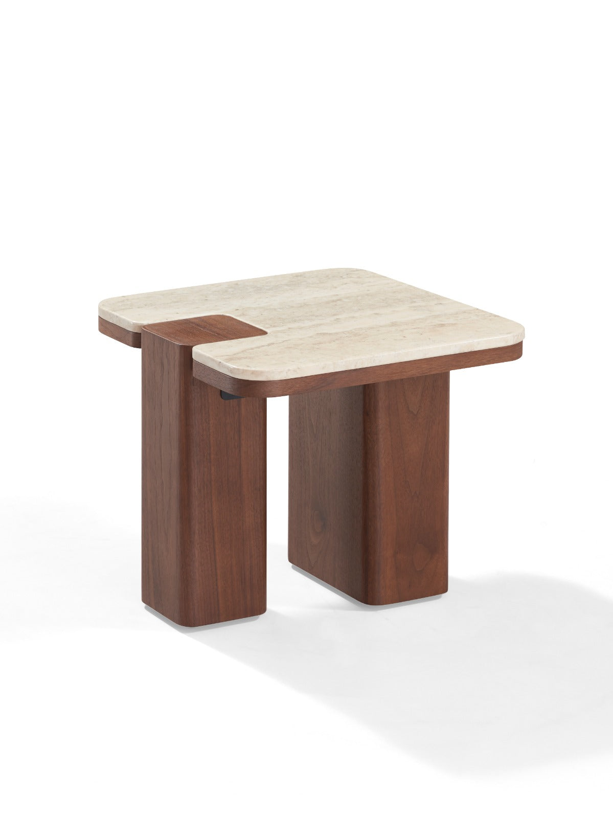 Ensemble de tables basses modernes avec plateaux effet marbre clair et pieds en bois foncé, au design élégant et contemporain.