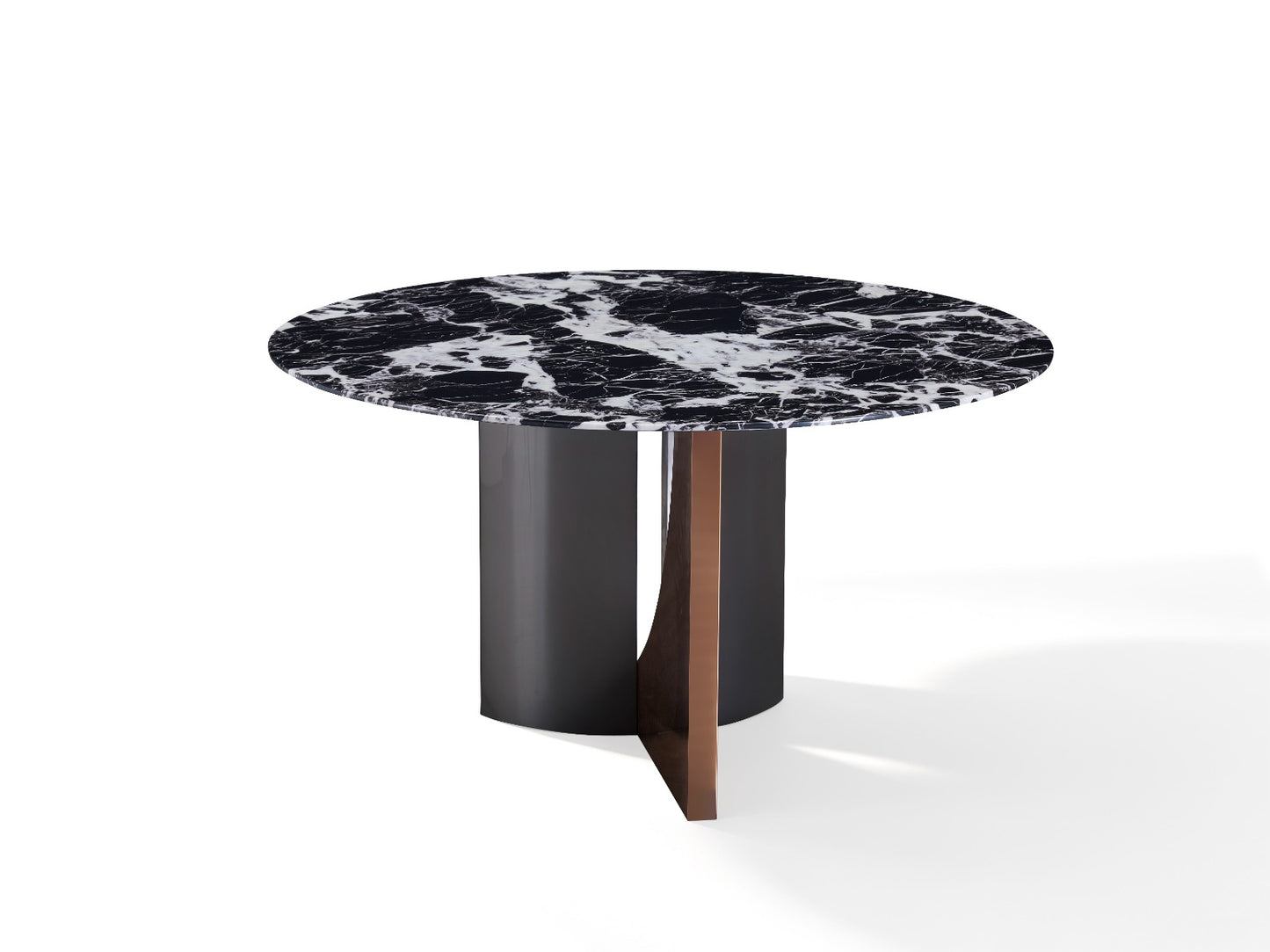 Table à manger ronde contemporaine avec plateau en marbre et piètement design sculptural.